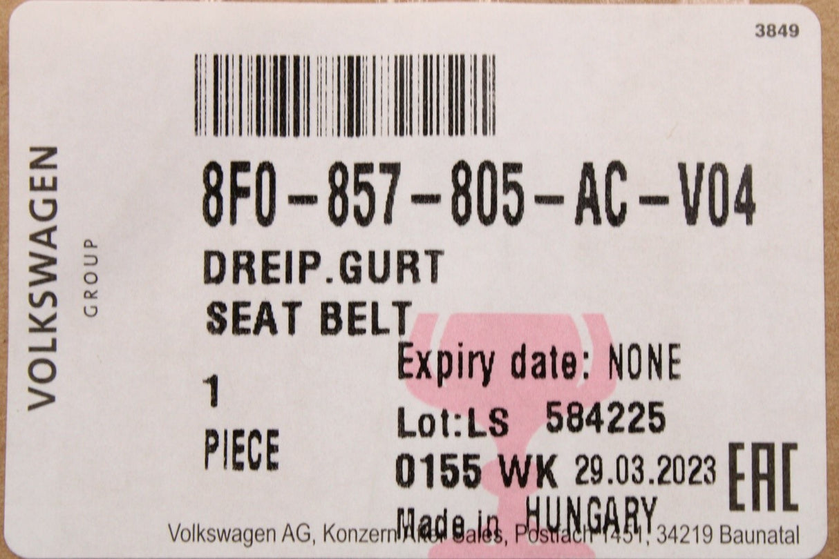 Audi A5 S5 Cabriolet 2012-2017 seat belt (rear left) 8F0857805AC V04