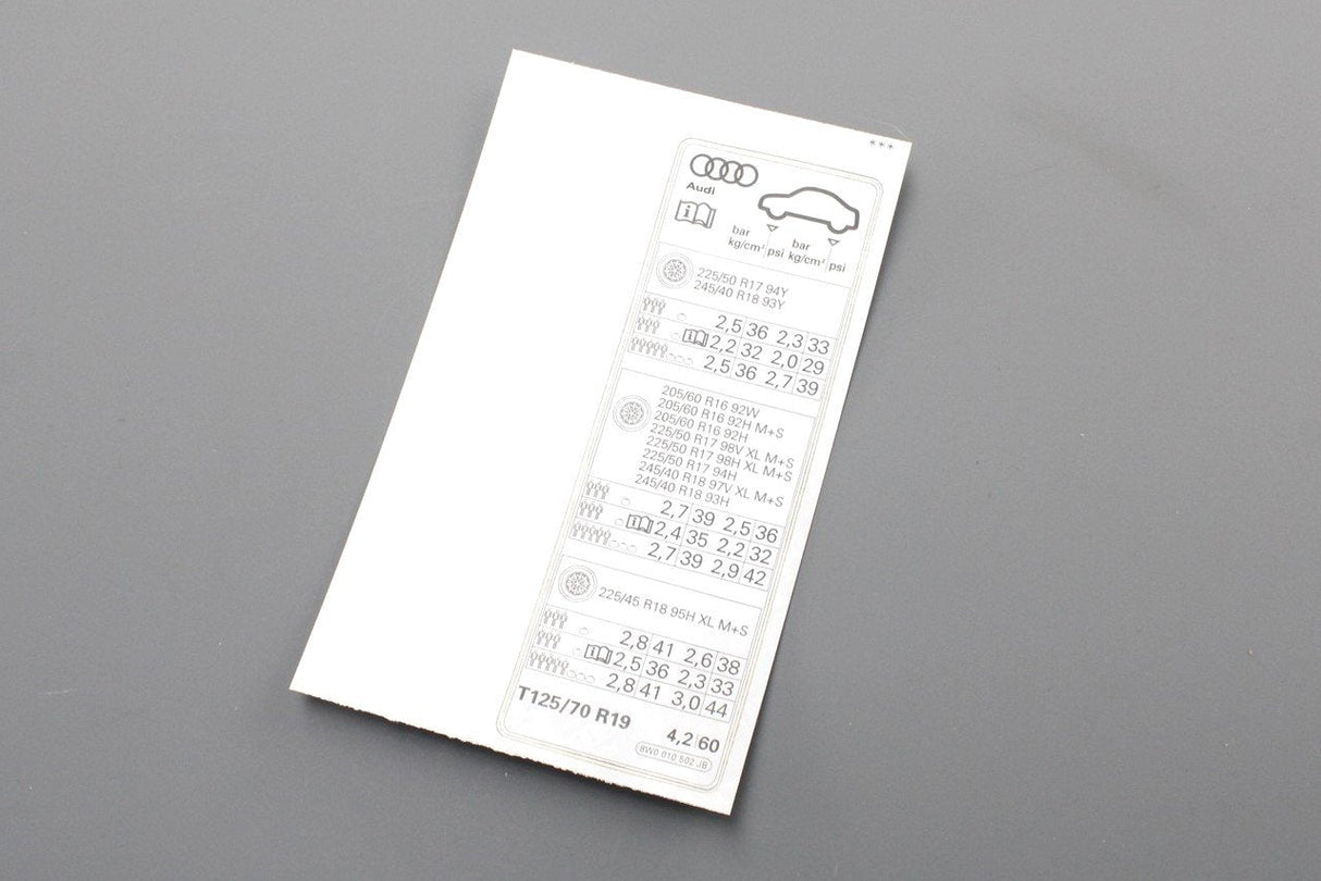 Audi A4 2016-on tyre pressure data sticker 8W0010502JB
