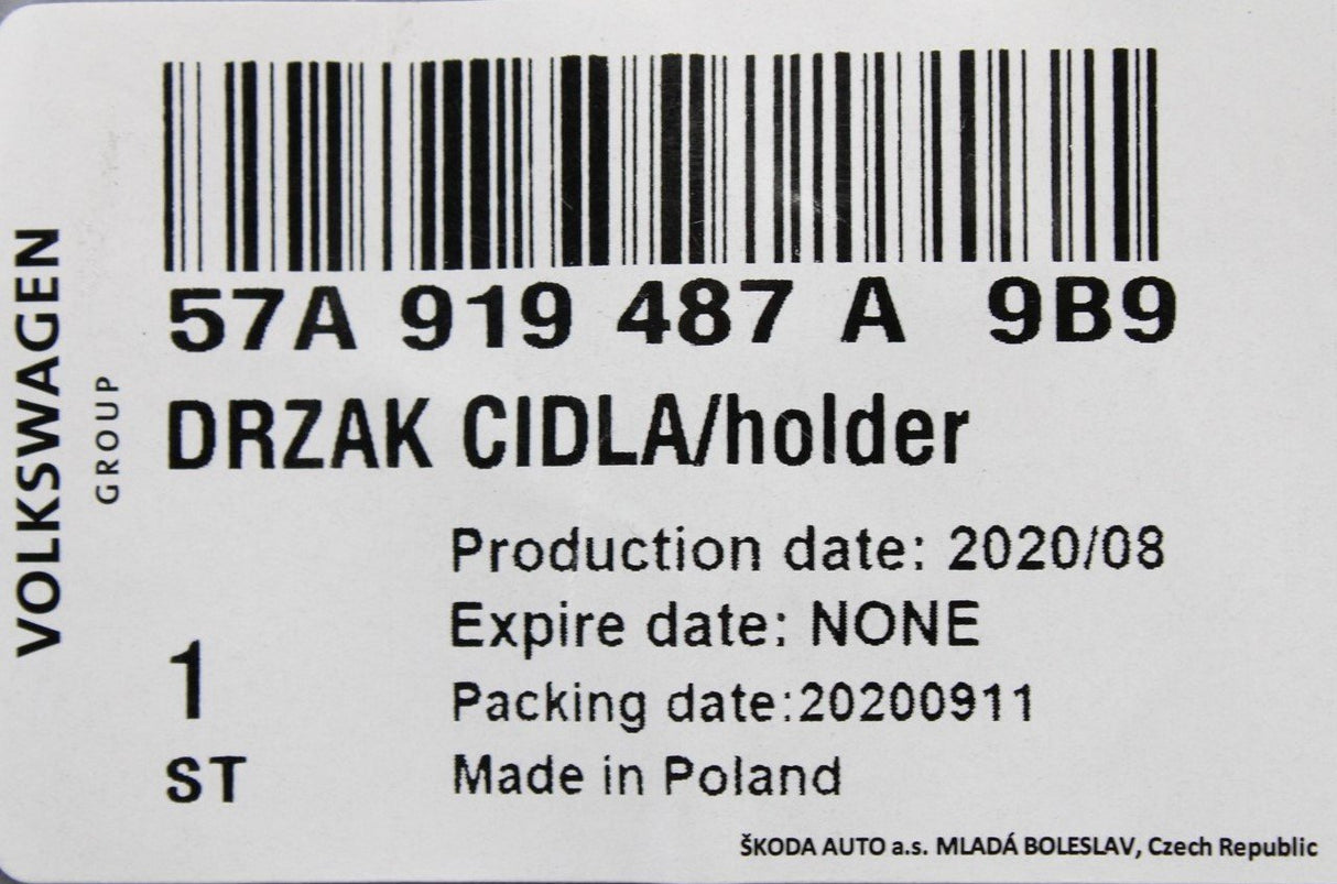 Skoda Karoq 2018-on Parking sensor bracket (rear, left) 57A919487A 9B9
