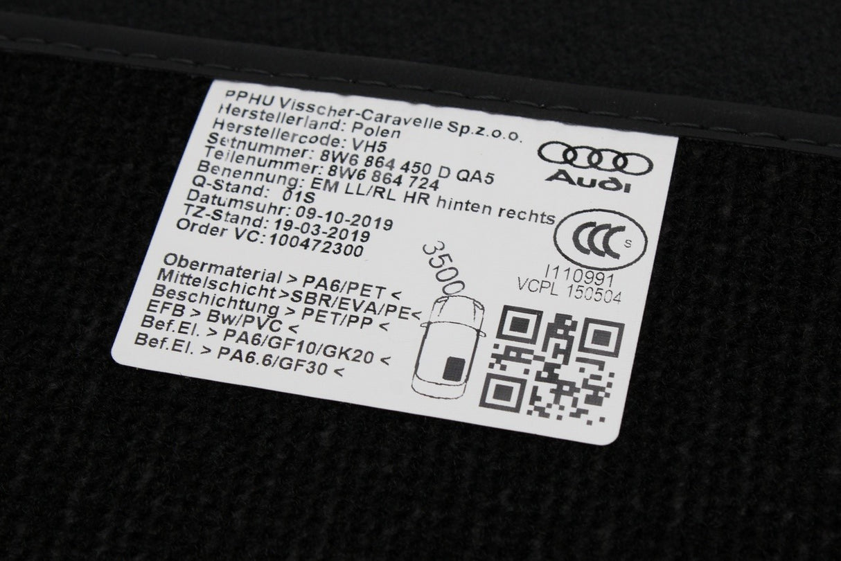 Audi A5 S5 RS5 Coupe 2017-2025 rear carpet floor mats 8W6864450D QA5