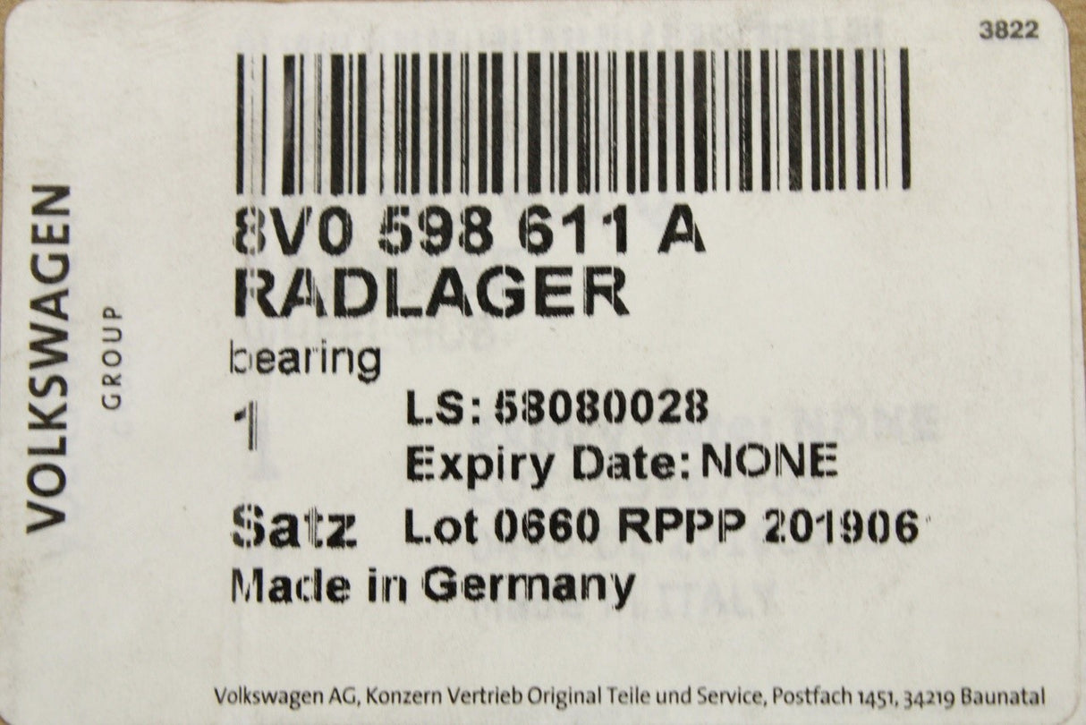 VW Golf MK7 Audi A3 Q2 Skoda SEAT 2011-on rear wheel bearing 8V0598611A
