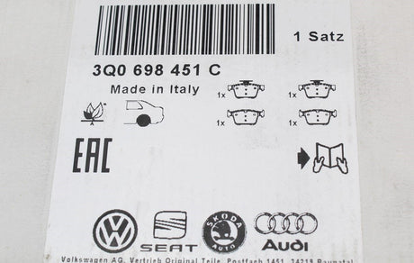 VW Passat B8 Audi Q3 Skoda brake pads for 300x12mm (rear) 3Q0698451C