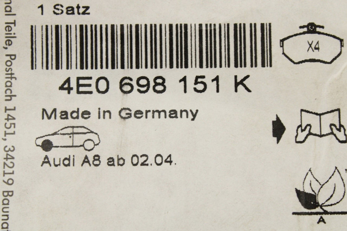 Audi A6 A8 2003-2011 brake pads (front) 4E0698151K