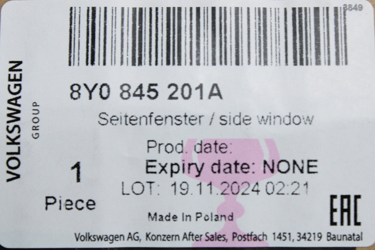 Audi A3 S3 8Y 2020-on front door side window (left) 8Y0845201A