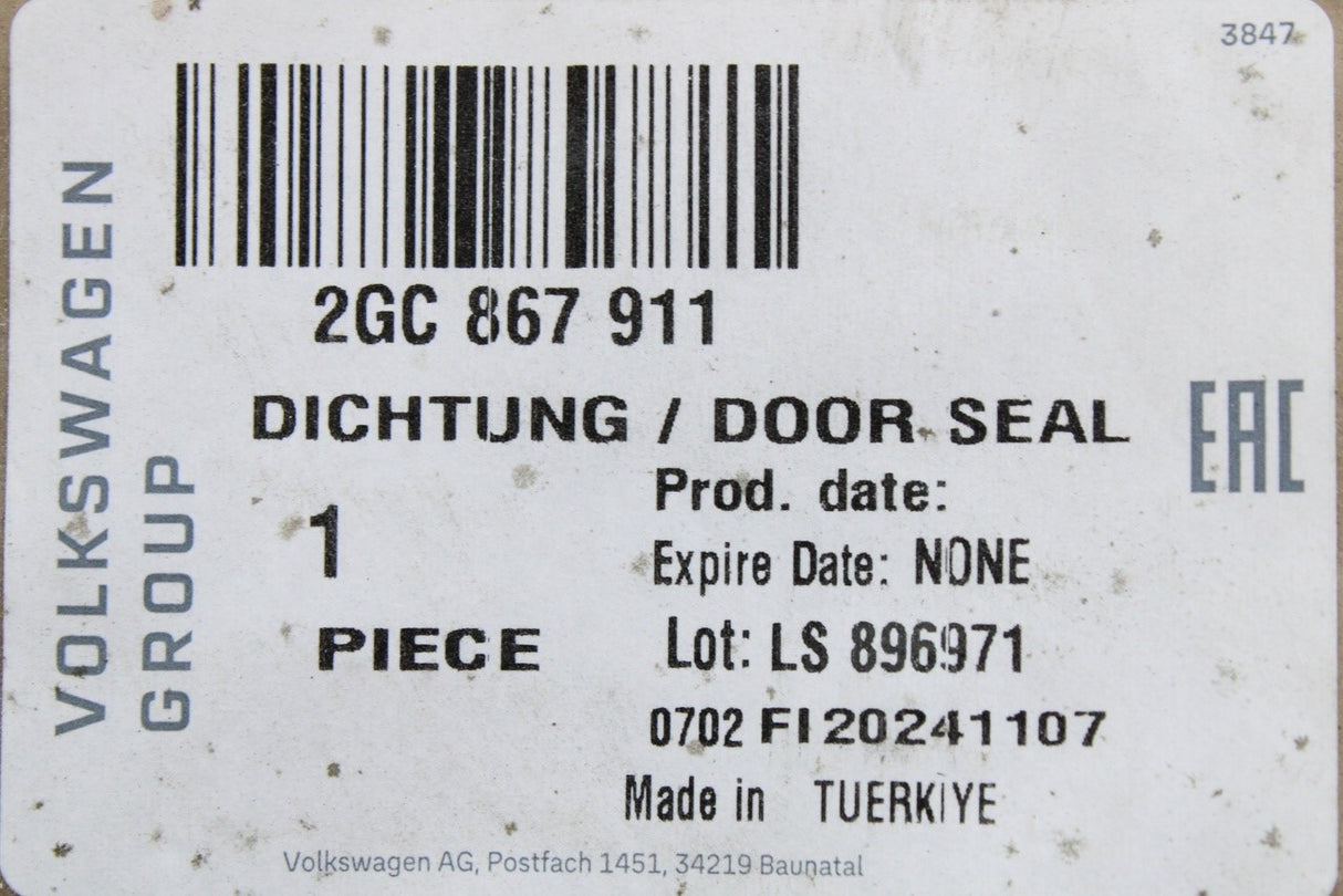 VW T-Roc Cabriolet 2020-on front inner door seal (x1) 2GC867911
