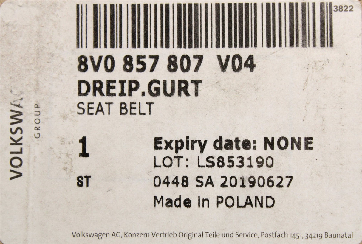 Audi A3 S3 RS3 2013-21 seat belt and buckle (rear centre) 8V0857807 V04