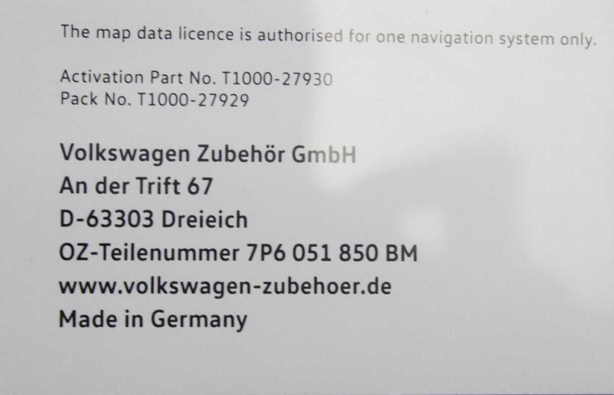 VW Touareg 11-18 Navigation activation document (Europe V14) 7P6051850BM