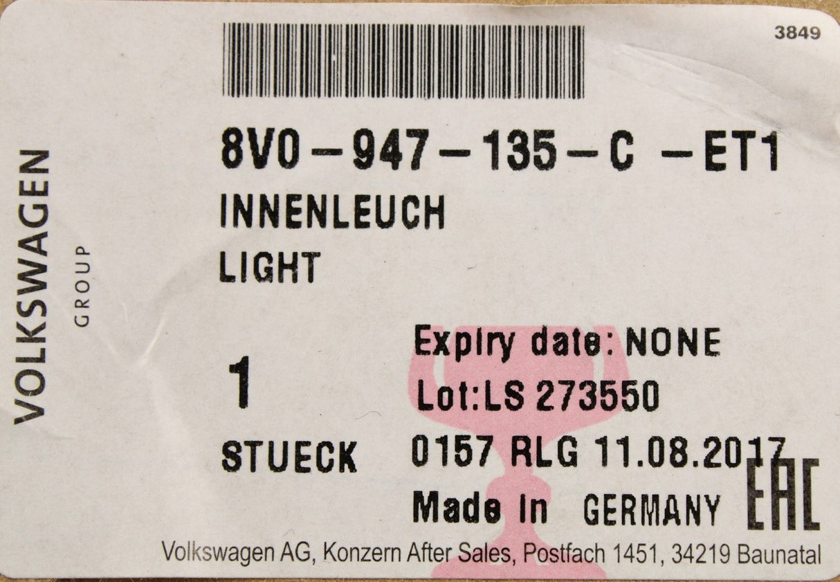 Audi A3 S3 RS3 2013-16 interior roof reading light 8V0947135C ET1