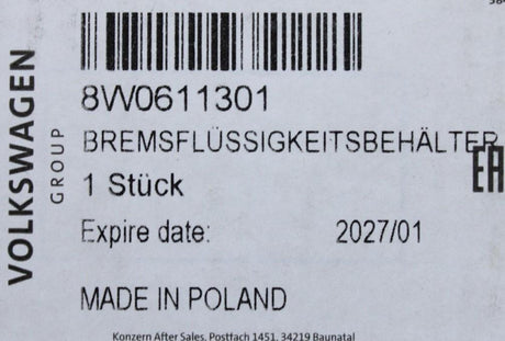 VW Touareg Audi A4 A5 A8 Q5 Q7 Q8 brake fluid reservoir (RHD) 8W0611301