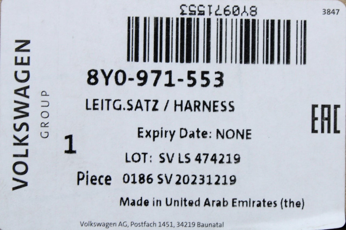 Audi A3 8Y 2020-on front backrest side airbag wiring harness 8Y0971553
