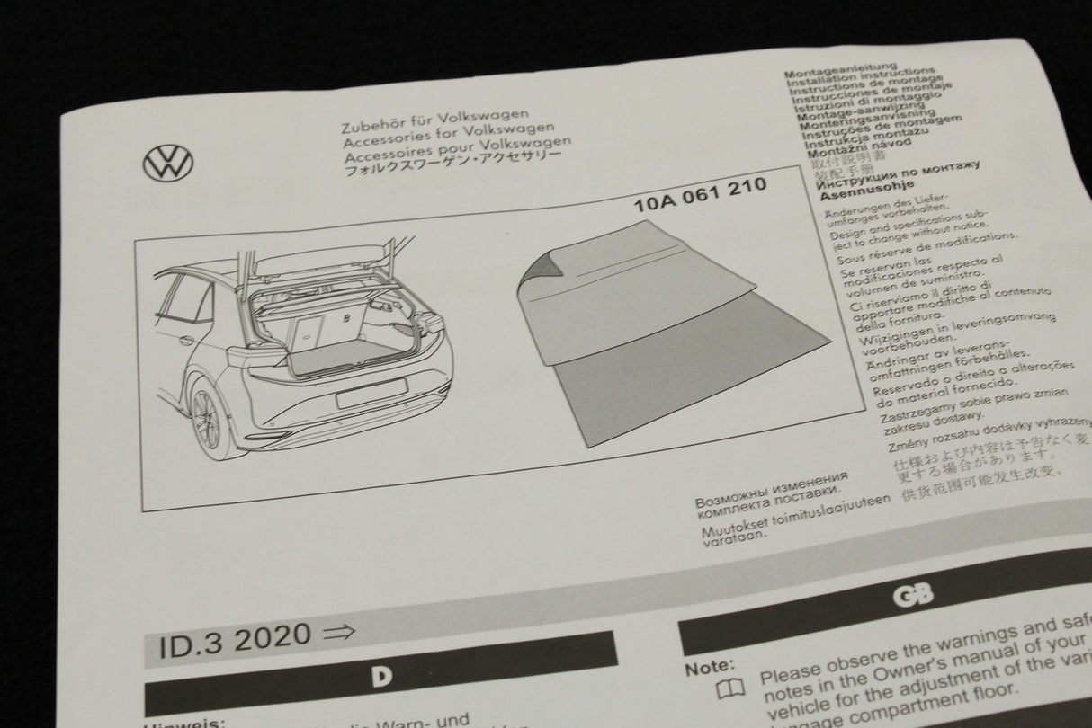 VW ID.3 2020-on reversible boot liner mat 10A061210