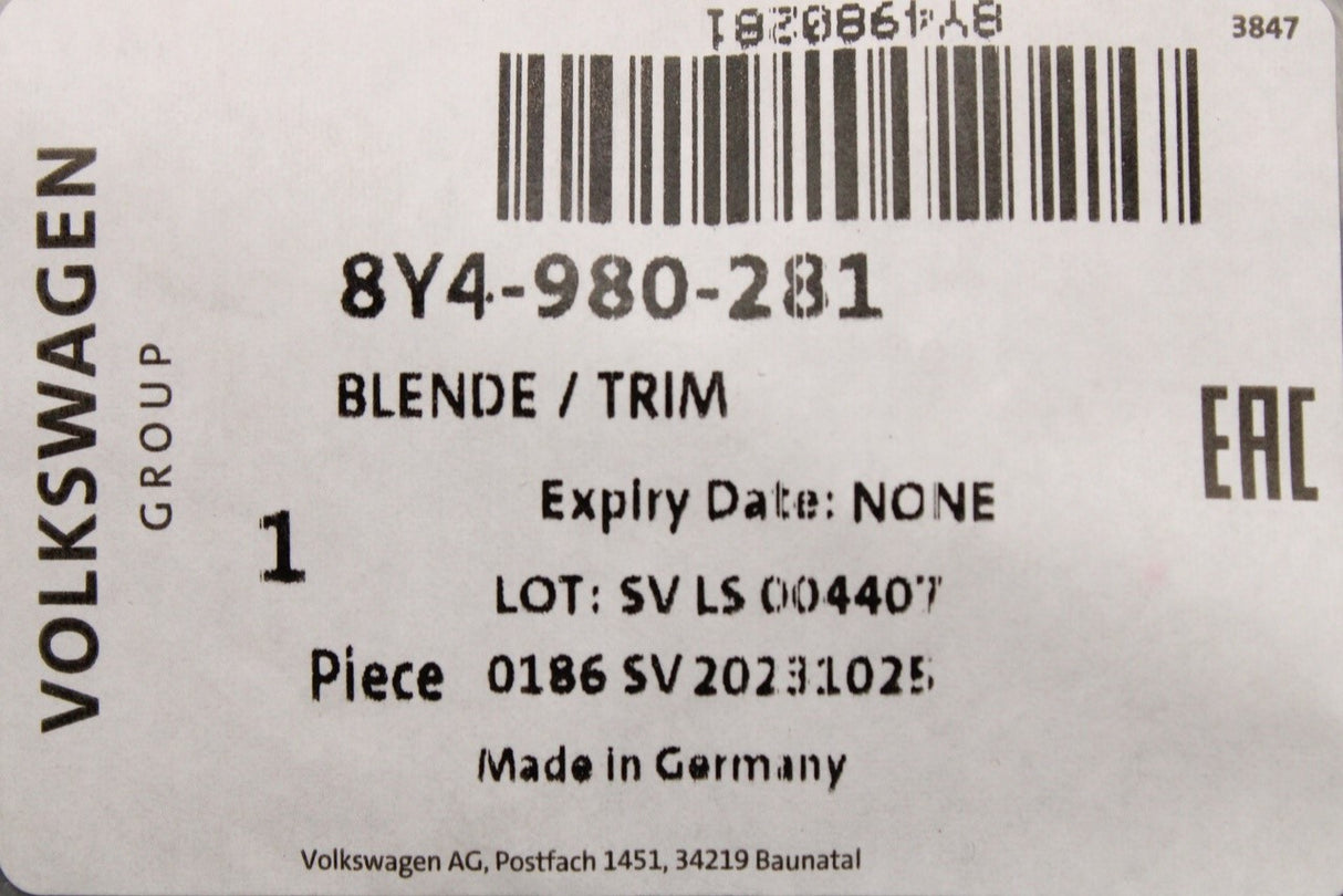 Audi A3 S3 RS3 2022-on driving assist camera windscreen trim 8Y4980281