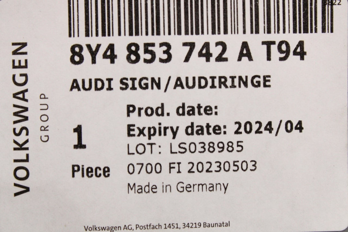 Audi A3 S3 RS3 Sportback 2022-on Audi rings emblem (rear) 8Y4853742A T94