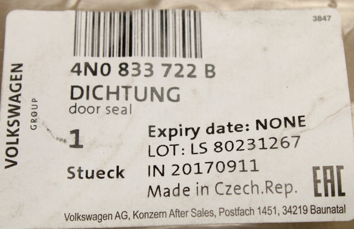 Audi A8 S8 2018-on door seal (rear right inner) 4N0833722B