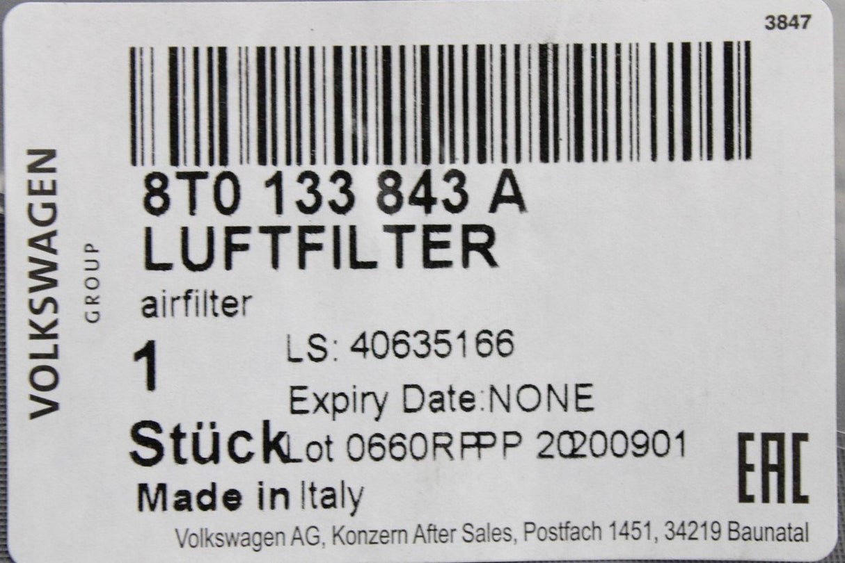 Audi RS4 B8 RS5 2013-16 air filter elements (pair) 8T0133843A 8T0133844A