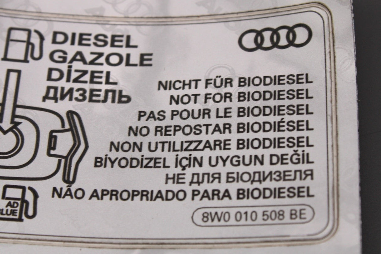 Audi A5 A6 A7 A8 Q3 diesel and adblue warning sticker 8W0010508BE