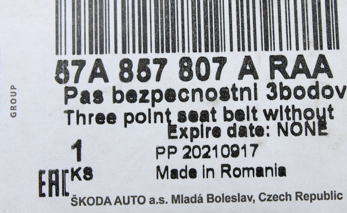 Skoda Karoq 2018-Onward Rear seat centre 3-point seatbelt 57A857807A RAA