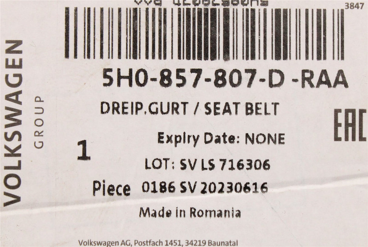 VW Golf MK8 MK8.5 20-on centre rear seat belt with buckle 5H0857807D RAA