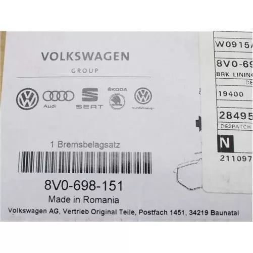 VW Golf MK7 Passat Audi A3 TT front brake pads set 288x25mm 8V0698151