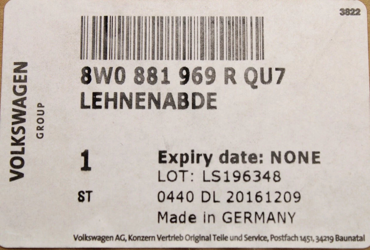 Audi A4 A5 S4 S5 2016-on seat backrest cover (rotor grey) 8W0881969R QU7